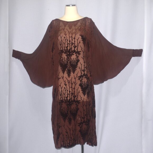 Vintage Antique 1920s Devore Burnout Velvet Dress Batwing Sleeves M As Is Flaws - Picture 1 of 16